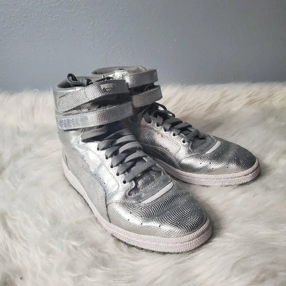PUMA Sky II High Holographic Jr Youth Shoes Silver Leather Sneakers, M7